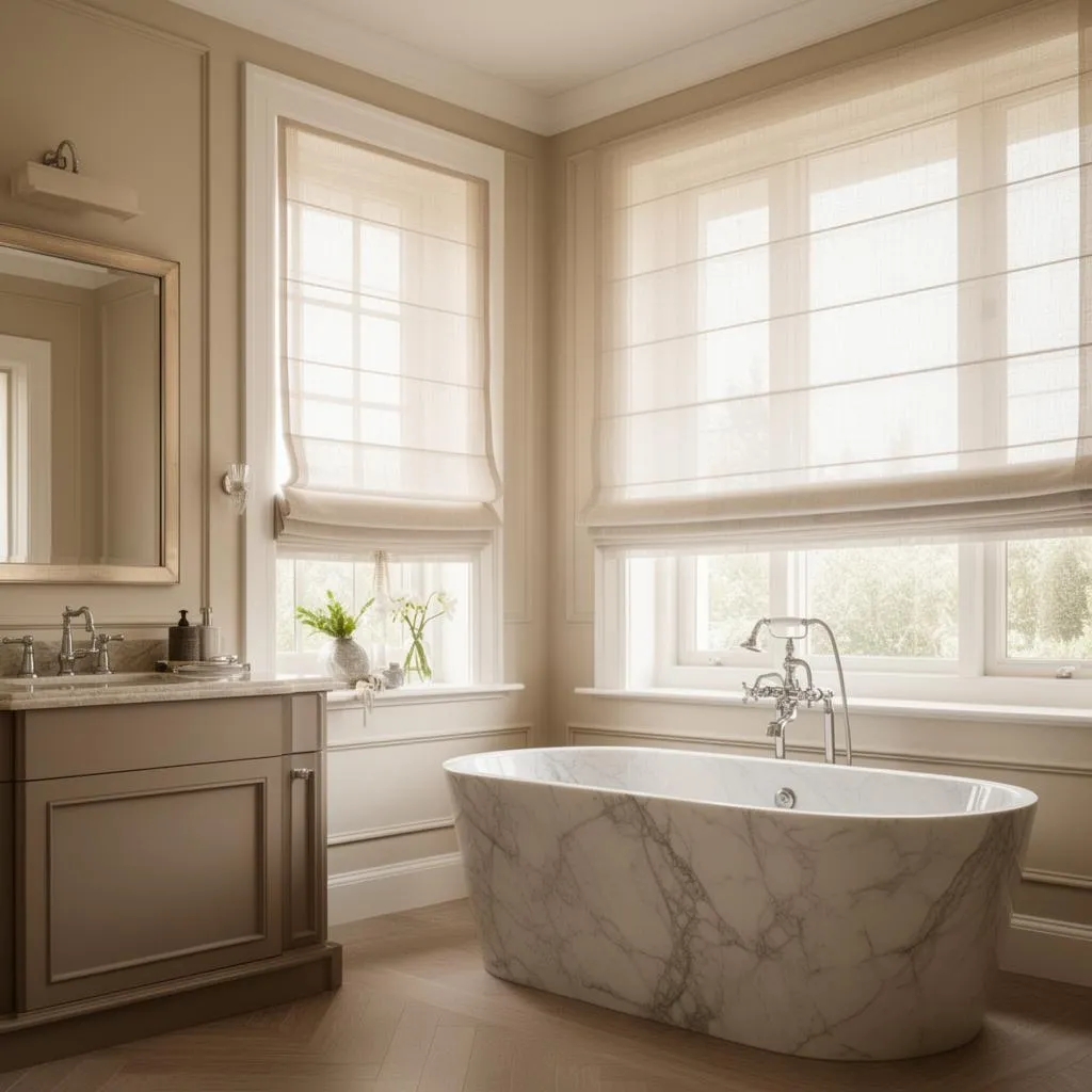 Luxury bathroom with designer-curated window treatments