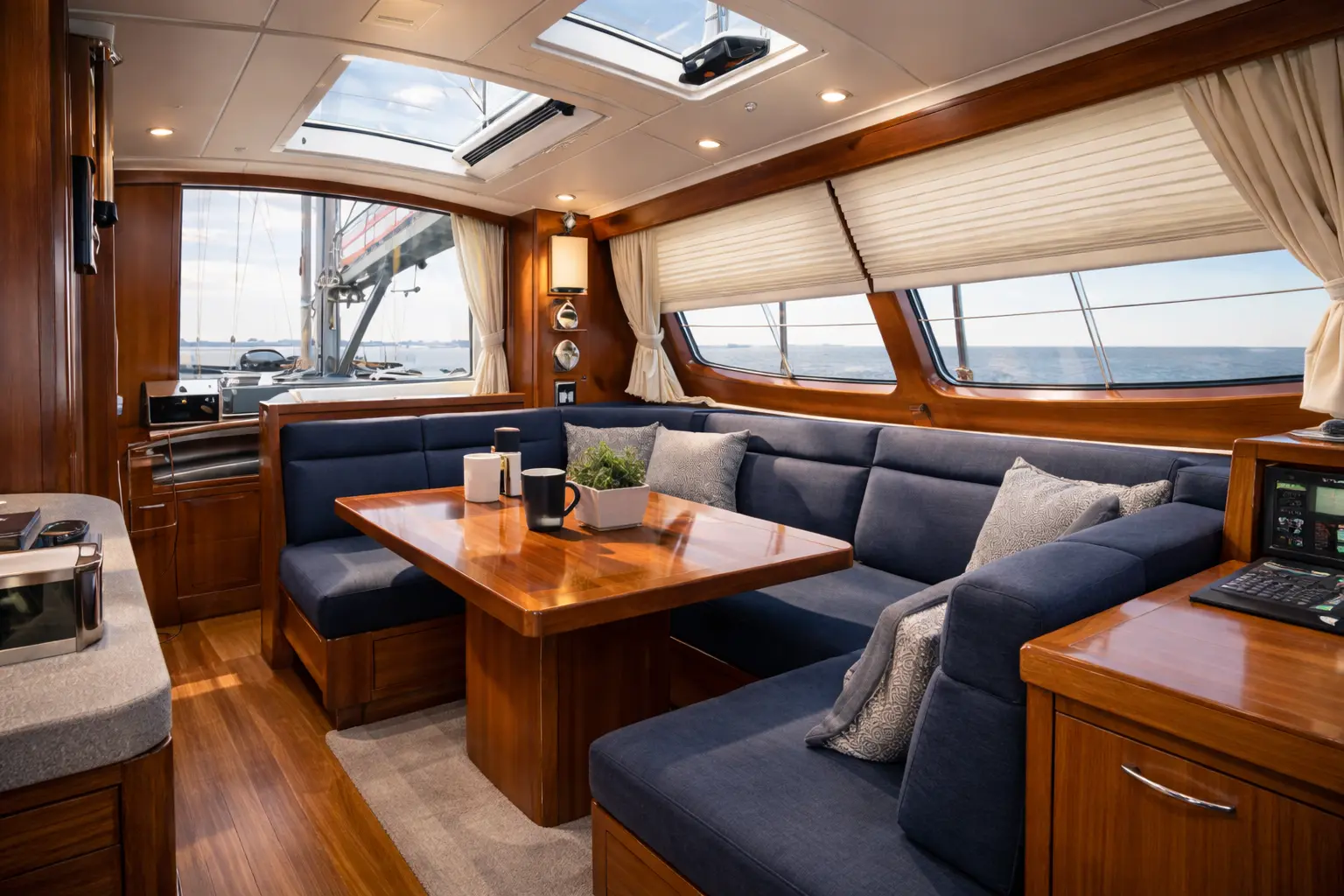 Custom solar shades on a sailing yacht helm station