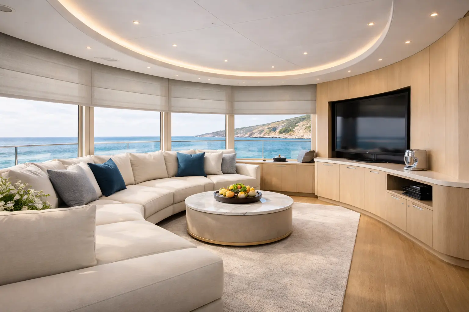 Elegant window treatments in a sailboat salon