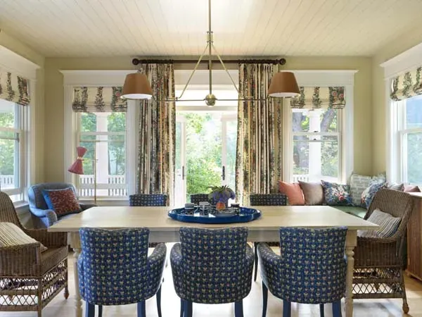 Layered window treatments in a formal dining room
