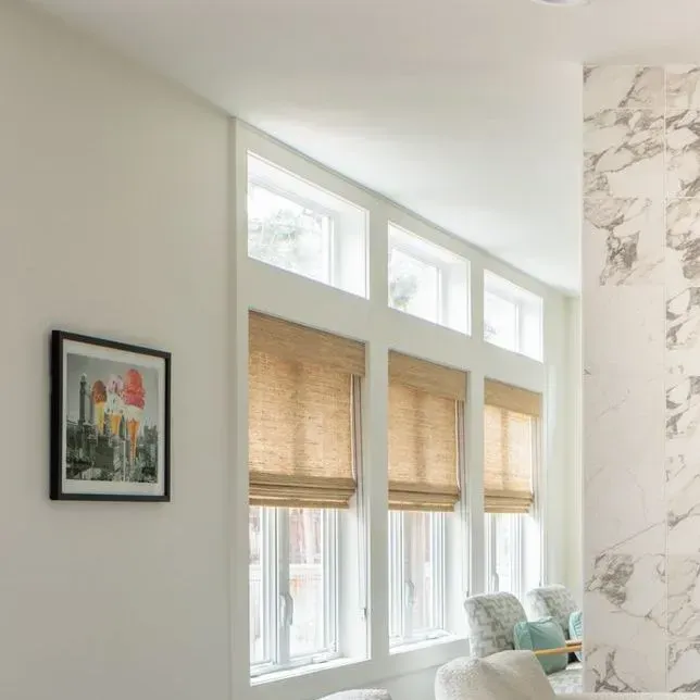 Woven wood shades in a spa-like bathroom